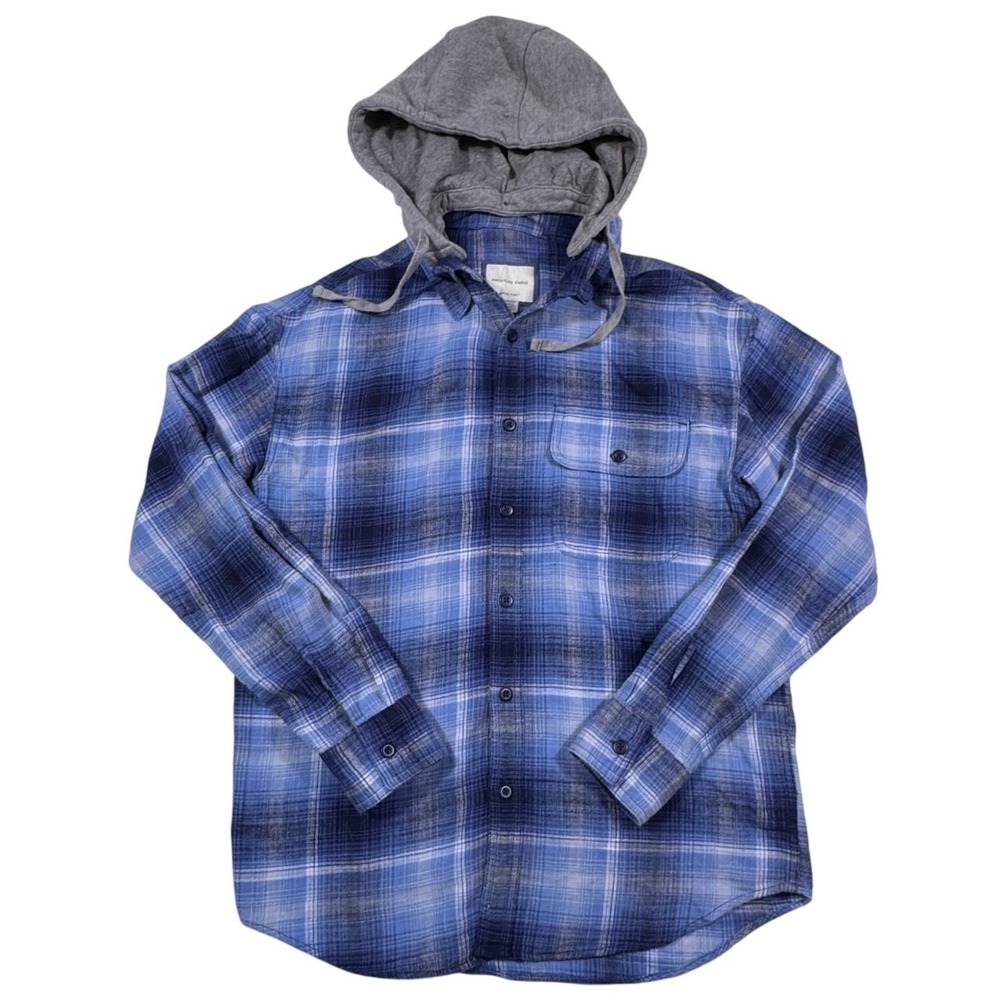 American Eagle Super Soft Flannel Shirt Removable Hood Mens Small Blue Button Up